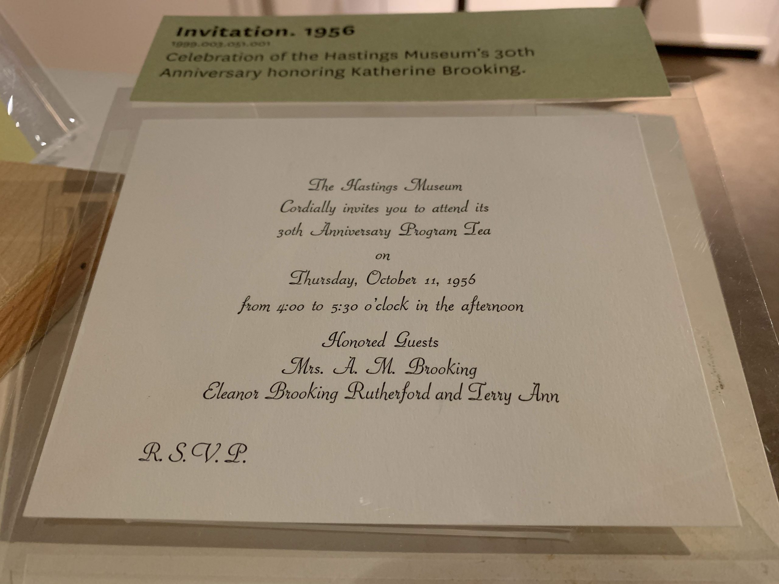 Invitation, 1956. Celebration of the Hastings Museum’s 30th Anniversary honoring Katherine Brooking.