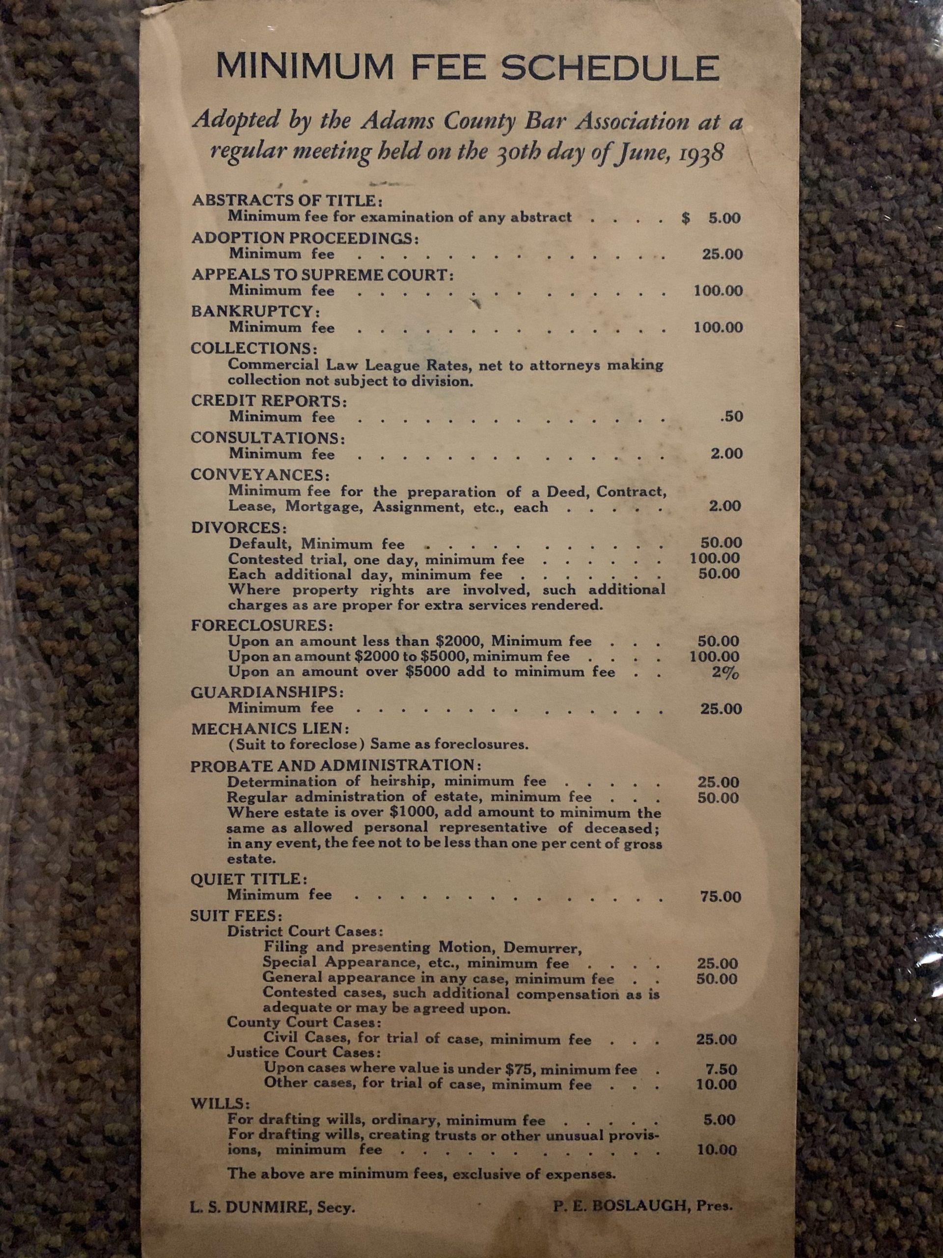 Fee Schedule, 1938. Adams County Bar Association fees for services.