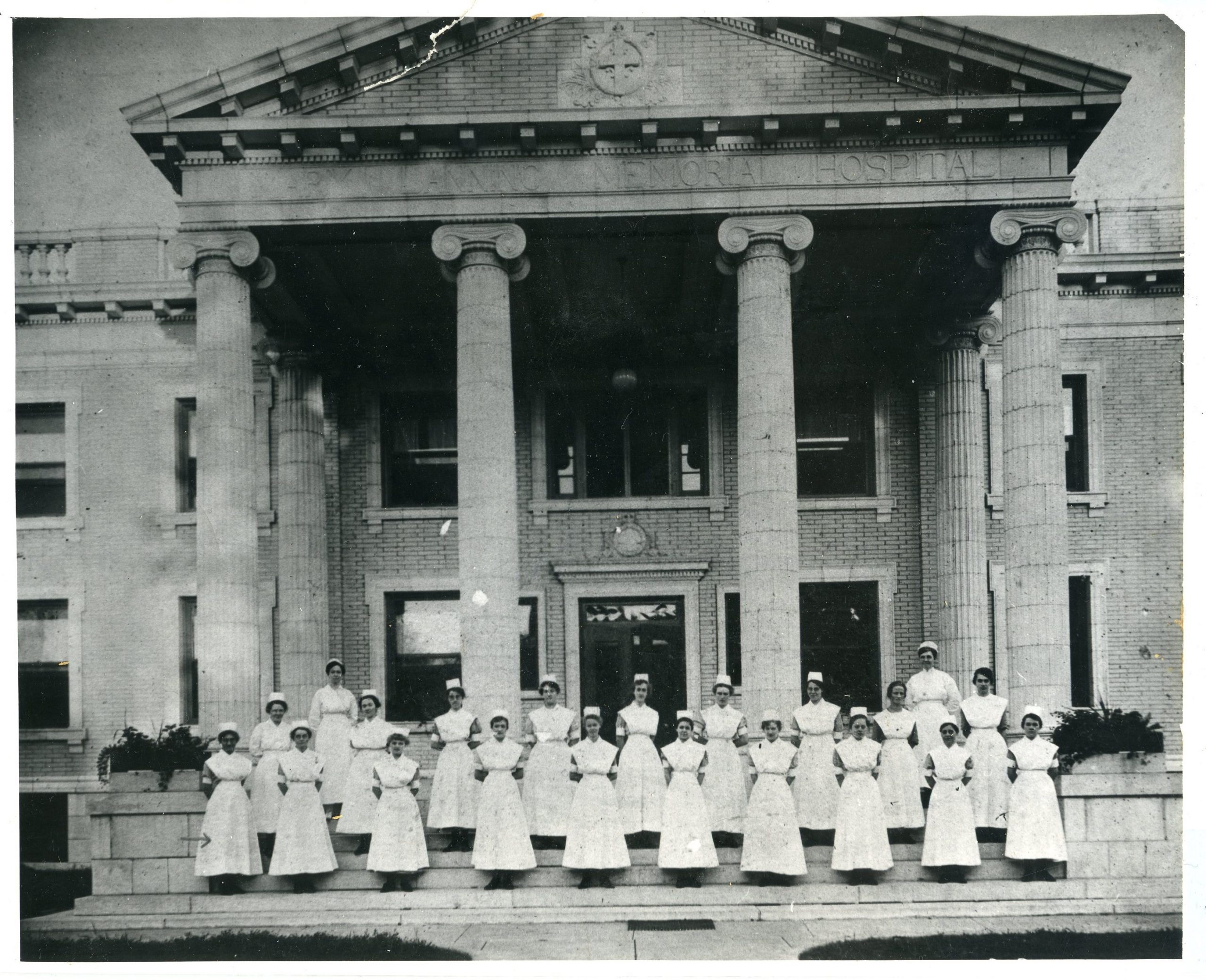Nurses in front of Mary Lanning Hospital. Courtesy of Adams County Historical Society.