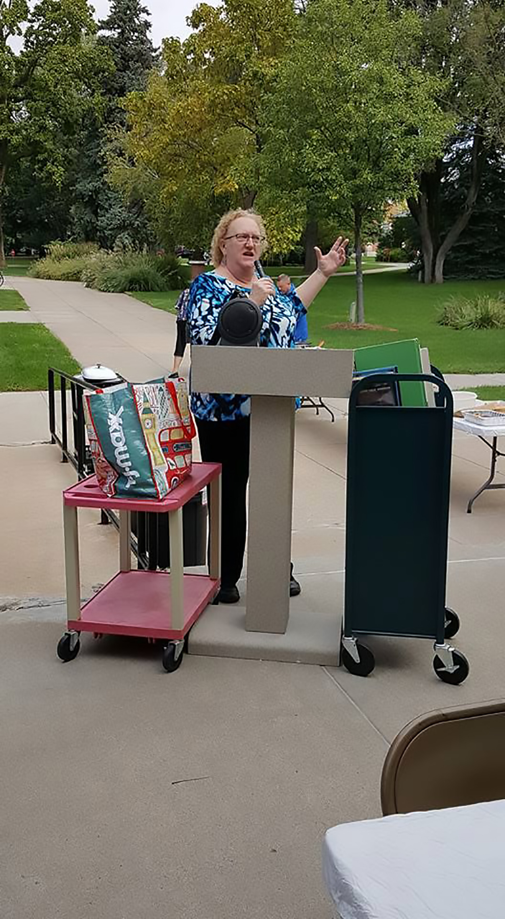 Pam as Hastings College Perkins Library Instructional Services Librarian, addresses the crowd of Intellectual Freedom Fighters during the library’s annual Banned Books Week observation, 2017.