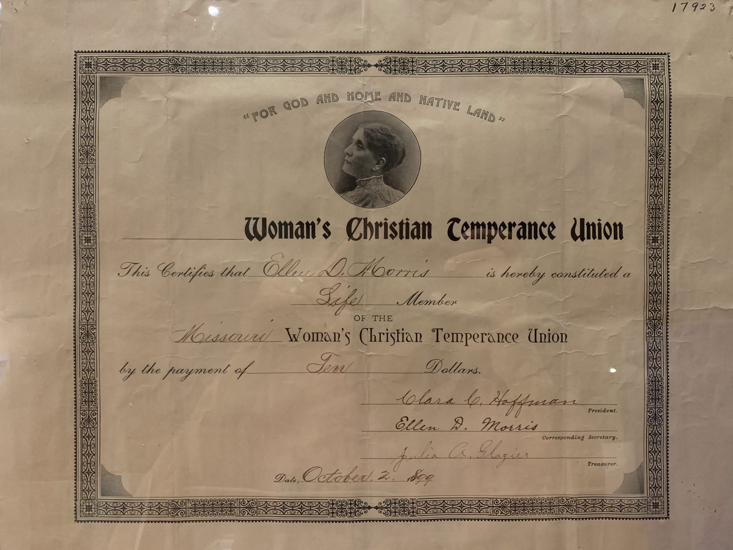 Membership Certificate, 1899. Certifies Elleu Morris as a life member of the Women’s Christian Temperance Union of Missouri.