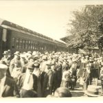 Crowd on platform at Burlington Depot, greeting the Girl Cadet Corps returning from marching competition, 1924.