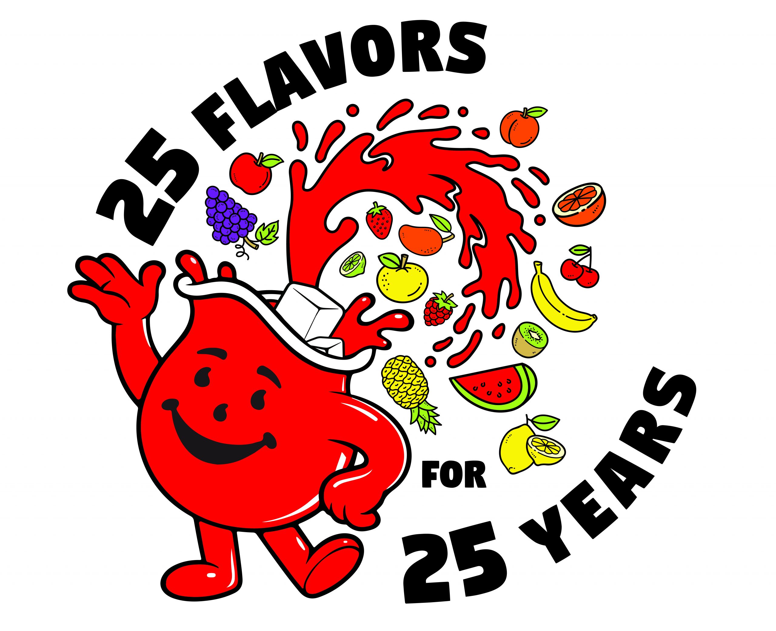 Kool-Aid Man with fruit and the words 25 flavors for 25 years
