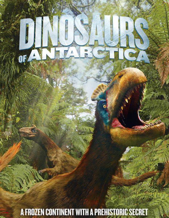 Dinosaurs of Antarctica poster with large roaring dino