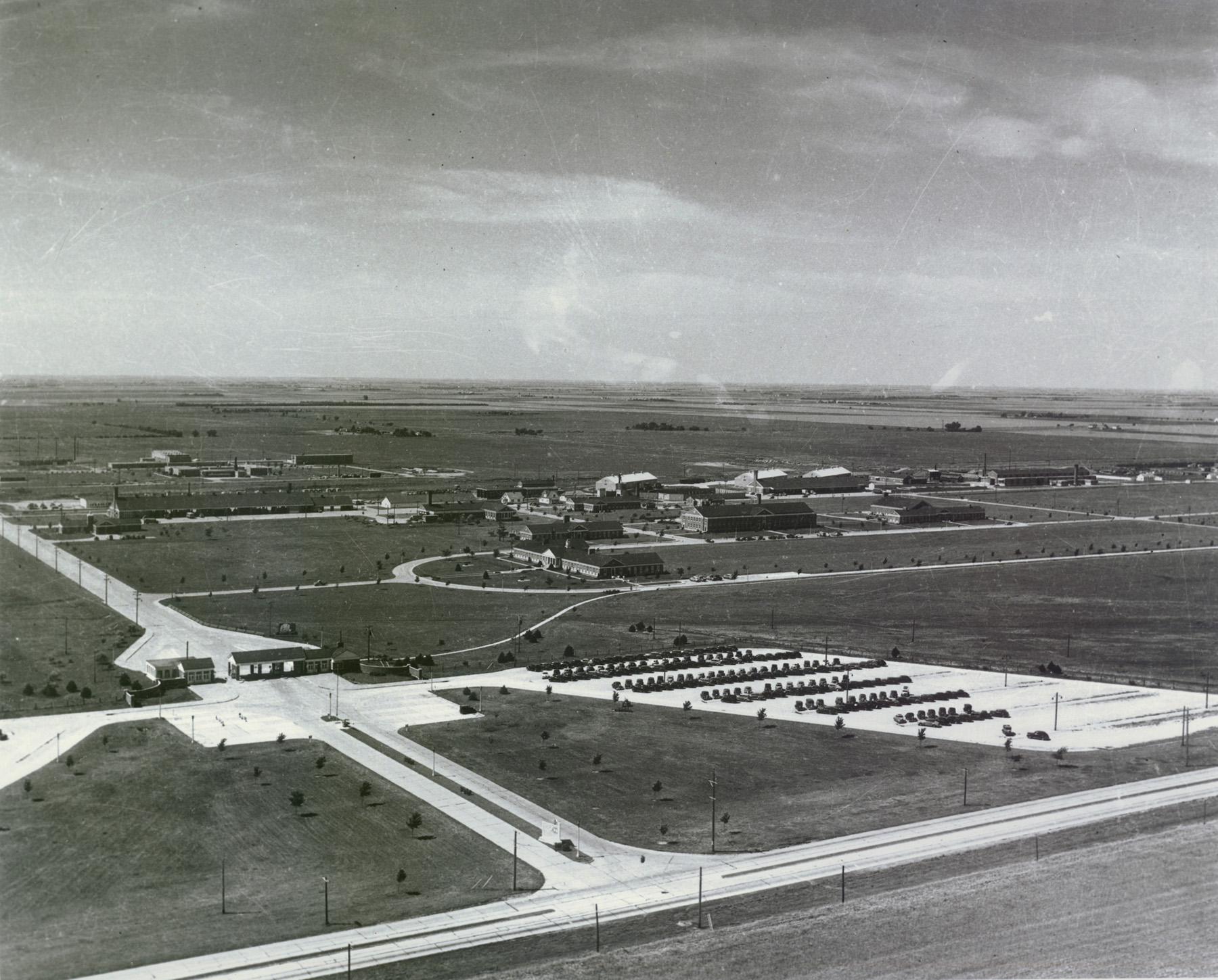 Aerial view of the administrative campus (today CCC) looking south west from highway 6.