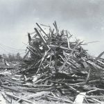The remains of a cafeteria one half mile away after the transfer station explosion on September, 15, 1944. The building was ripped to shreds from the force of the blast.