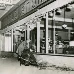 Gamble's Store in Downtown Hastings after the April Explosion at the Bomb and Mine production area. All of the windows had been blown out.