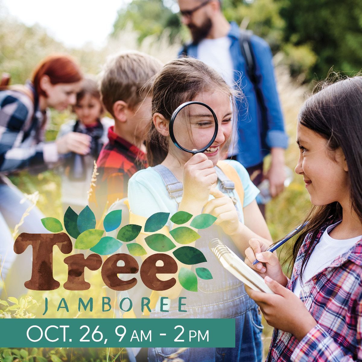 Girl looking through magnifying glass to advertise the Tree Jamboree
