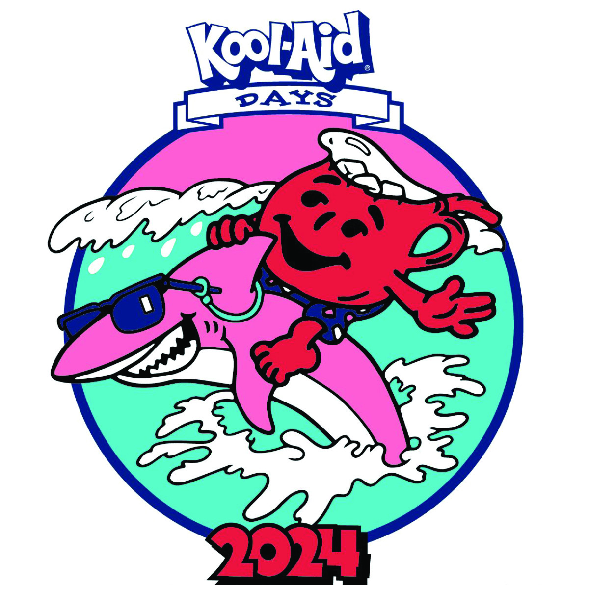 Kool-Aid Man riding a pink shark on a wave