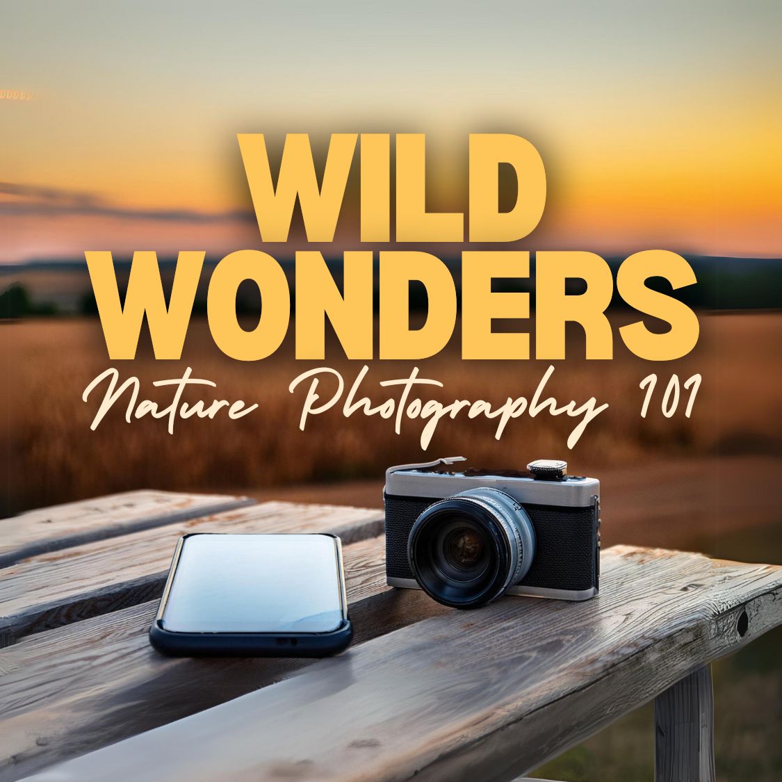 Title of program, Wild Wonders, and theme, Nature Photography 101. Camera and phone in nature are added to show theme.