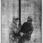 Fred Eckhardt (left) and Philip Michael, Jr (right) install a light post on December 4, 1926, as seen in The Hastings Daily Tribune.