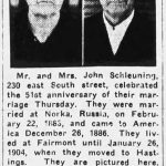John and Mollie Schleuning celebrate 51 years of marriage with an article in The Hastings Daily Tribune on February 24, 1934.