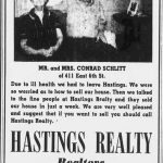 Conrad and Elizabeth Schlitt in an advertisement for Hastings Reality, posted in the April 16, 1959 issue of The Hastings Daily Tribune.
